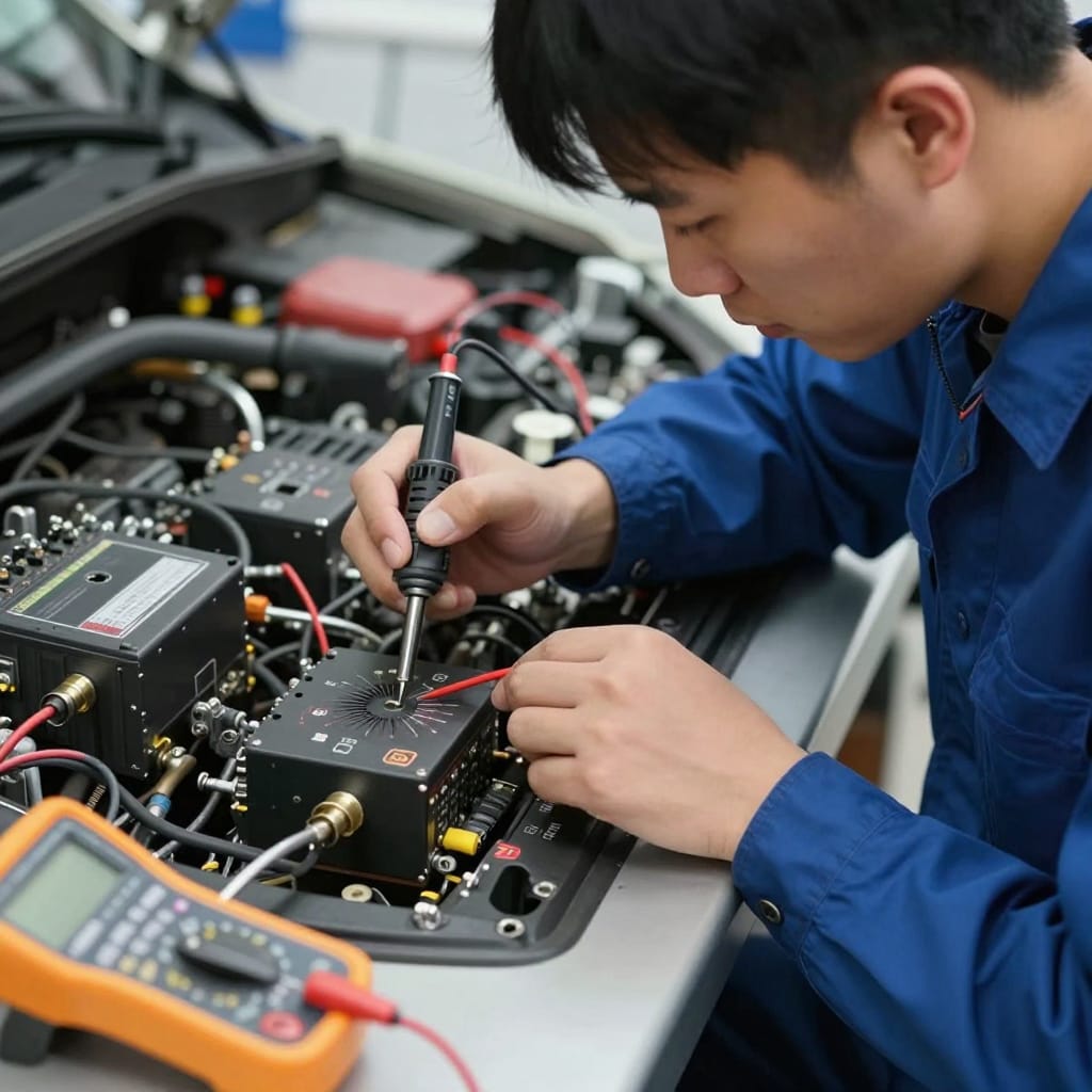 تکنسین در حال تعمیر و اندازه‌گیری روی ECU و BCM در میز کار