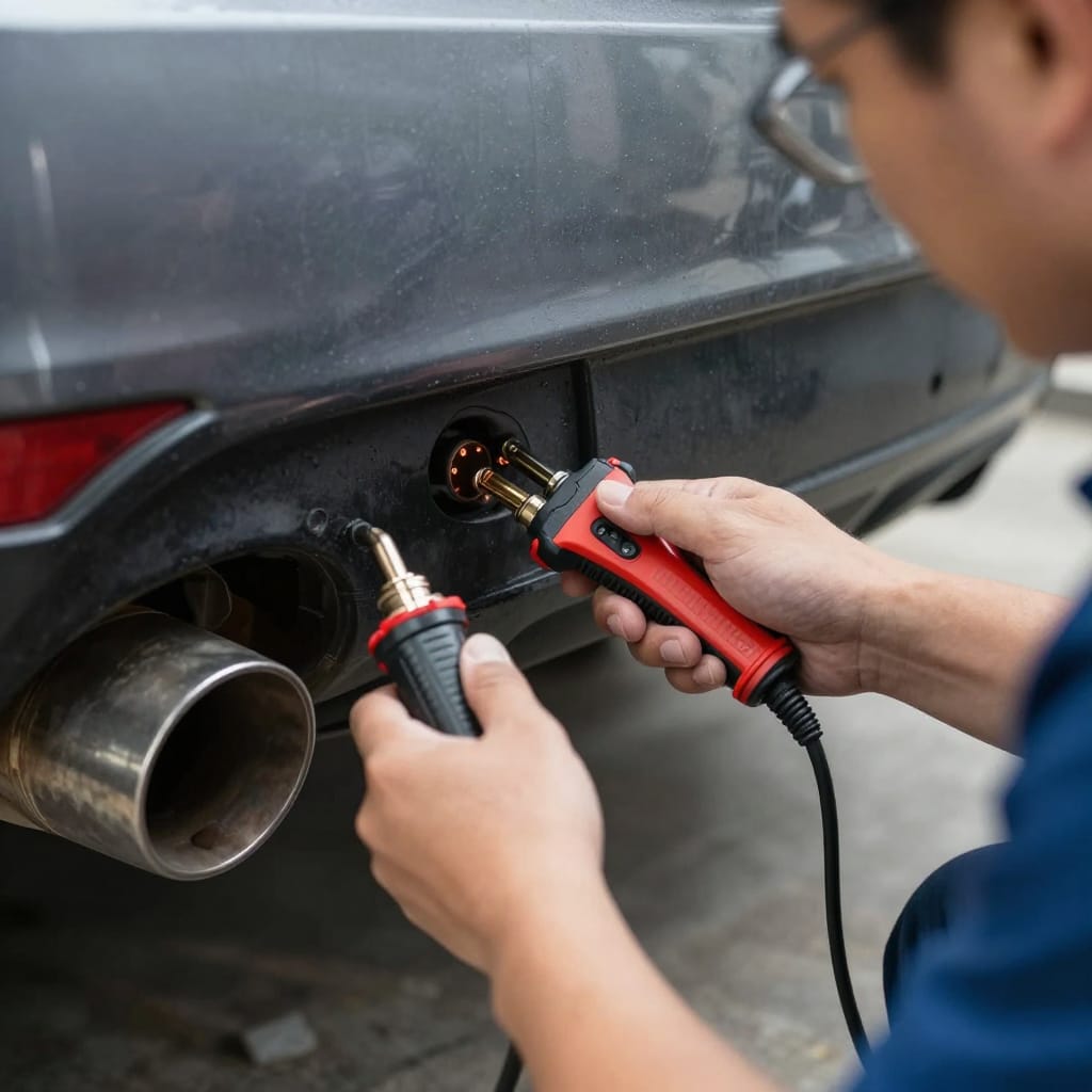 تعمیرکار در حال عیب‌یابی سنسور اکسیژن O2 و ثبت داده‌ها با دیاگ