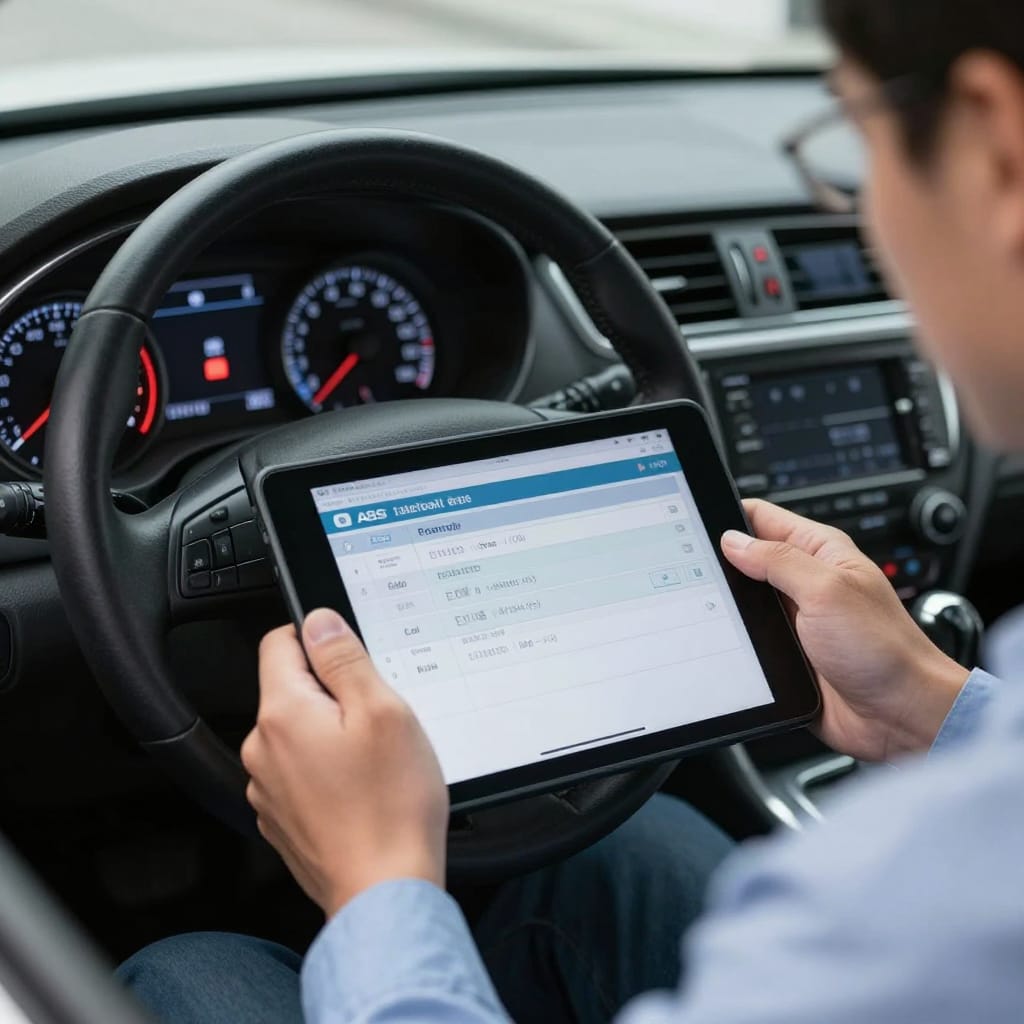 تکنسین دیاگ در حال خواندن کدهای خطای سیستم کنترل پایداری (ESP/ESC) از روی تبلت