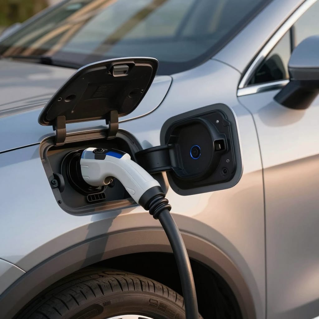 تفاوت هیبرید (HEV)، پلاگین هیبرید (PHEV) و تمام الکتریکی (BEV) خودروی پلاگین هیبرید در حال شارژ خانگی با درگاه باز