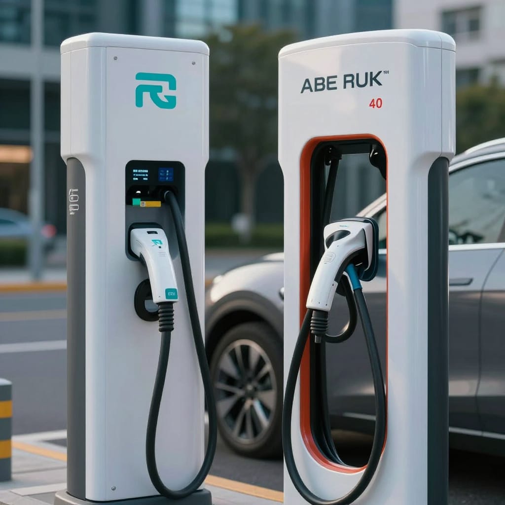 تفاوت هیبرید (HEV)، پلاگین هیبرید (PHEV) و تمام الکتریکی (BEV) خودروی تمام الکتریکی متصل به شارژر سریع در ایستگاه شهری