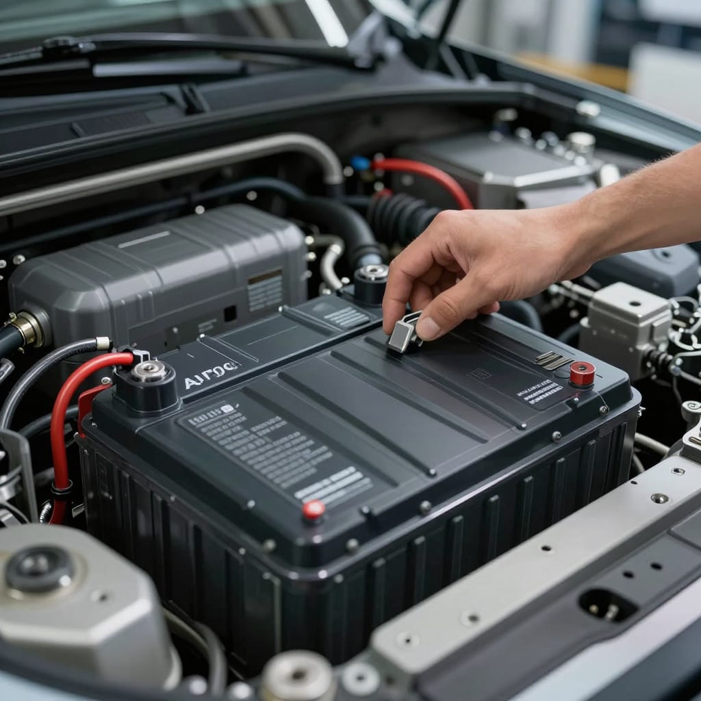 تفاوت هیبرید (HEV)، پلاگین هیبرید (PHEV) و تمام الکتریکی (BEV) بازرسی پک باتری خودرو برقی توسط مکانیک در کارگاه تخصصی