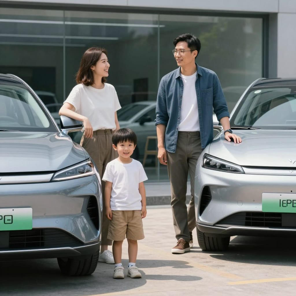 تفاوت هیبرید (HEV)، پلاگین هیبرید (PHEV) و تمام الکتریکی (BEV) خانوادهای در حال انتخاب بین HEV، PHEV و BEV مقابل نمایشگاه خودرو