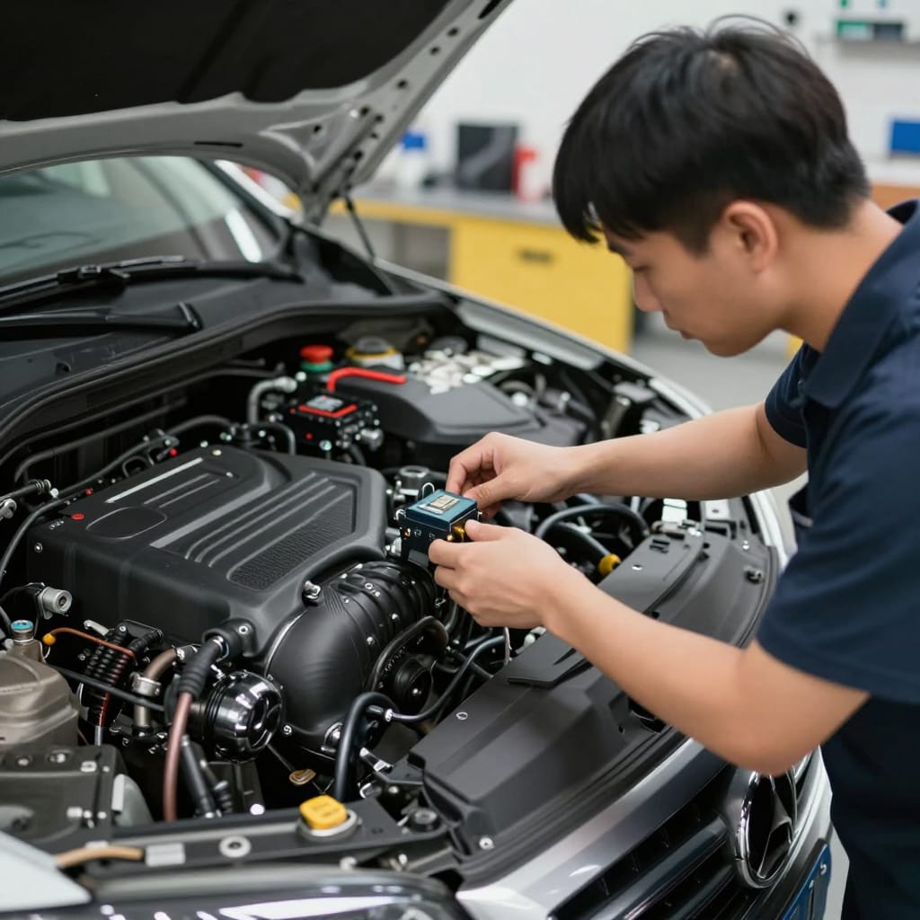 تکنسین در کارگاه در حال تنظیم ECU برای سوپرشارژر در خودروهای شهری