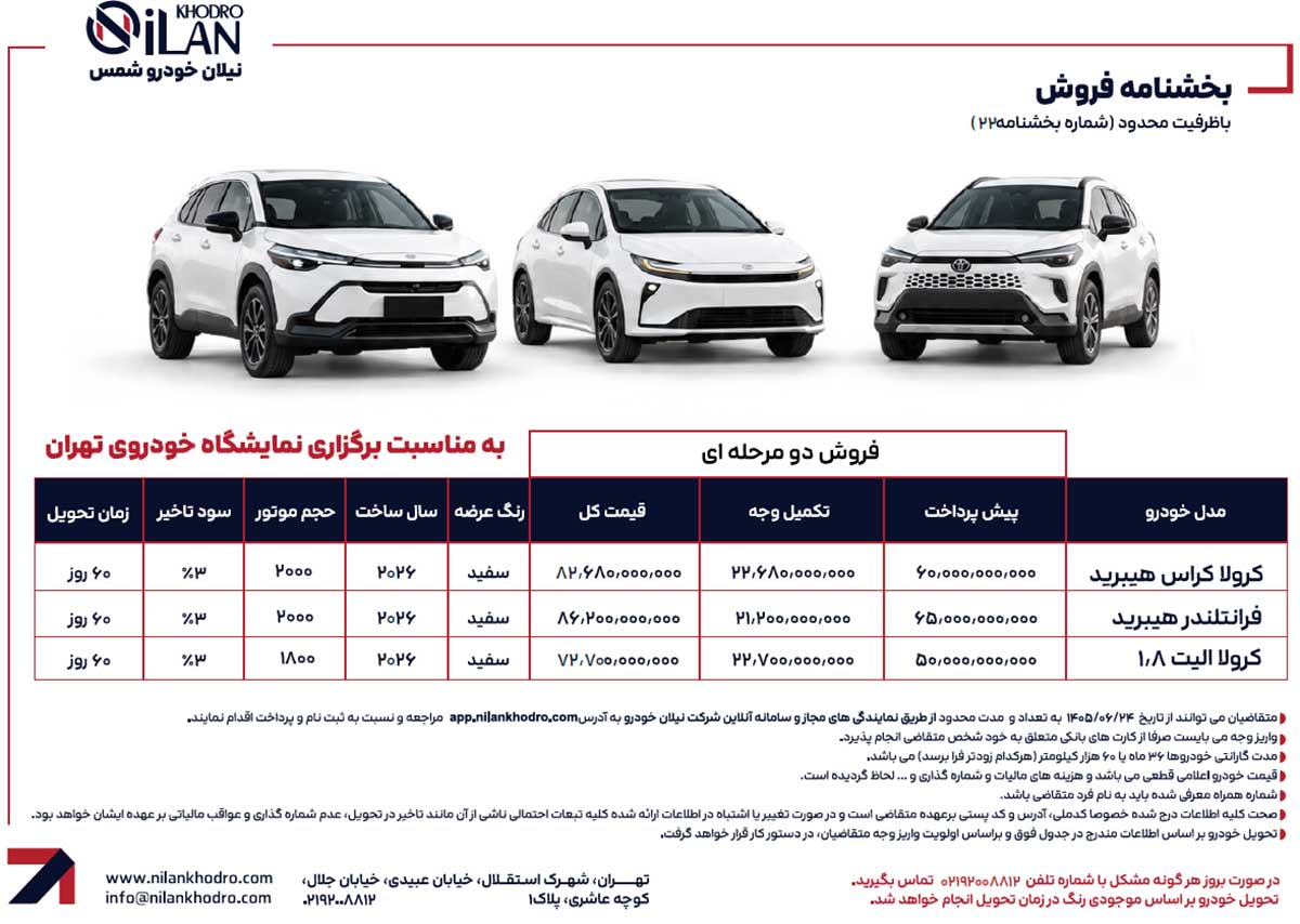 شرایط فروش ویژه خودروهای تویوتا نیلان خودرو به مناسبت نمایشگاه تهران شرایط فروش ویژه خودروهای تویوتا نیلان خودرو