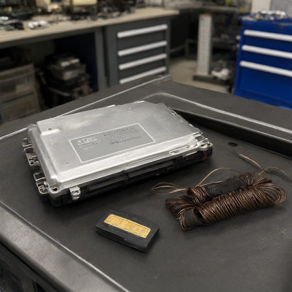 اجزای اصلی ایموبیلایزر شامل ECU و حلقه آنتن و کلید خودرو روی میز کار
